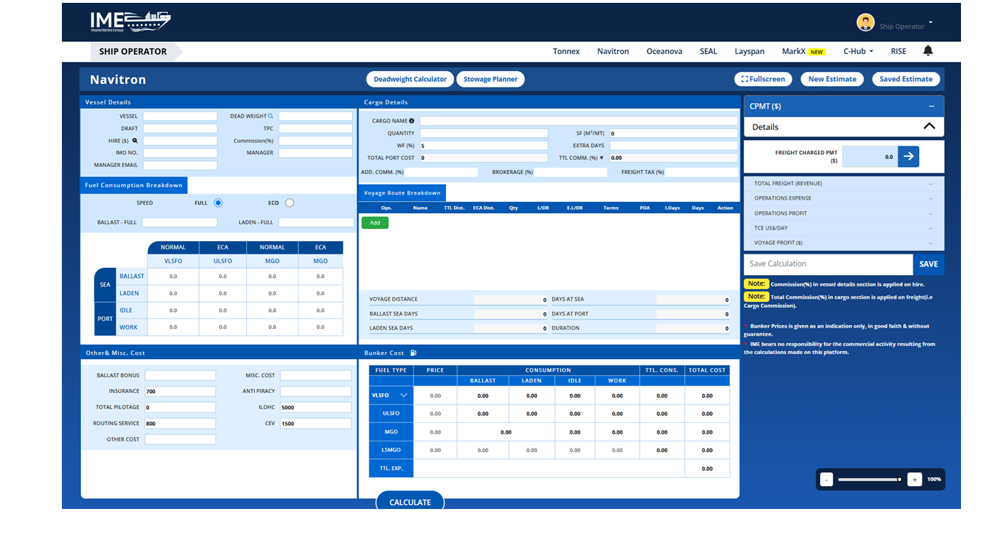 Navitron stowage planner — vessel configuration, cargo grades, hold details, and visual hold representation