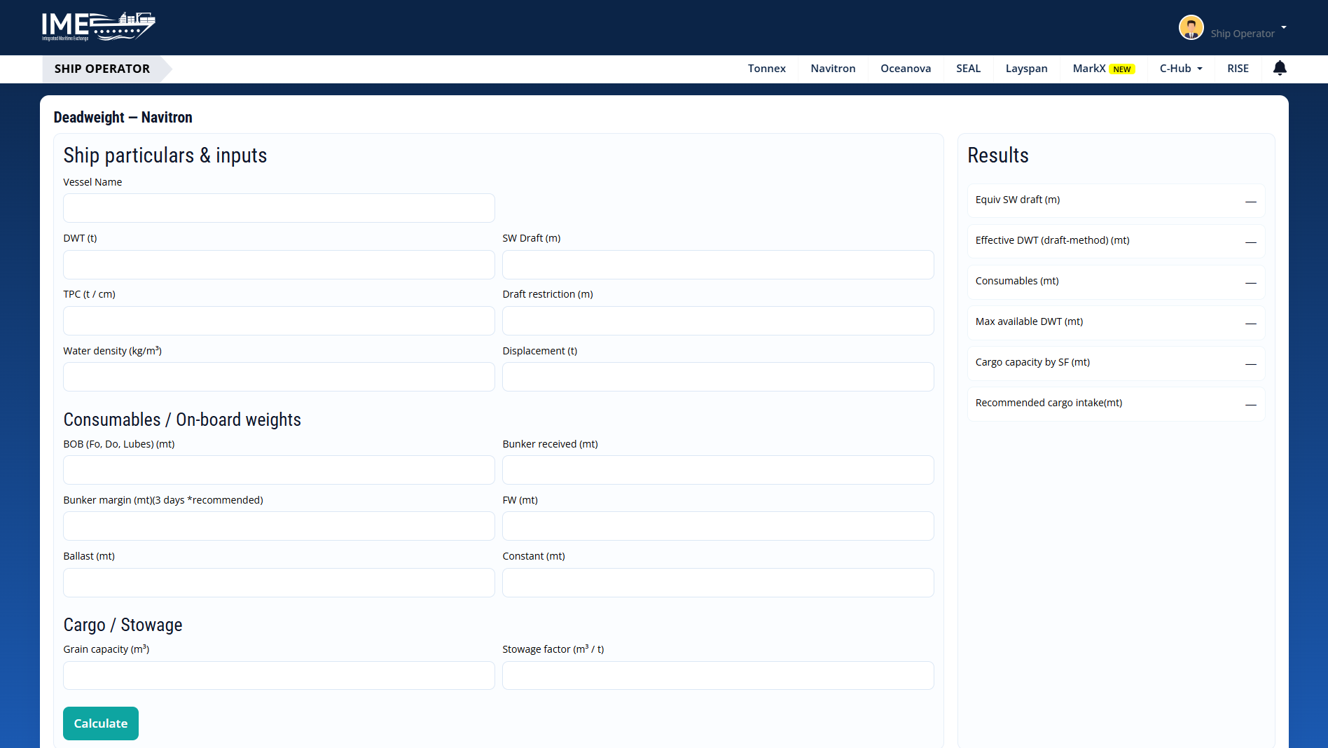 Navitron deadweight calculator — ship particulars, consumables, cargo stowage inputs, and results panel