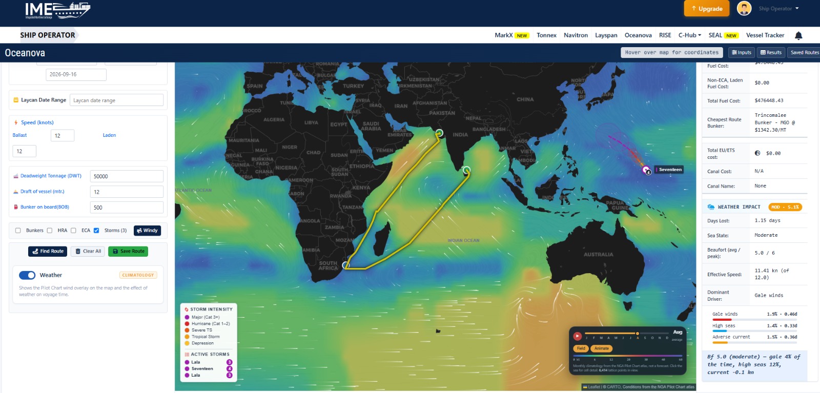 Oceanova route planner — voyage inputs, ECA zones on the map, and full voyage results panel